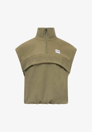 Pull en polaire vert olive avec un col montant, des manches courtes et une fermeture éclair à l'avant. Présente un texte brodé "UNBORED ONBOARD" sur la poitrine.