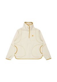 Fleece-Pullover in Creme mit hohem Kragen, halbhohem Knopfverschluss, akzentuiert mit gelben Nähten und großen Seitentaschen. Weiche Textur.