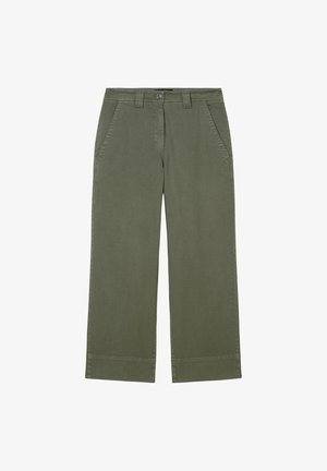 Široké kalhoty z bavlny olivově zelené barvy s bočními kapsami, poutky na opasek, knoflíkovým zapínáním a předním rozepínáním.