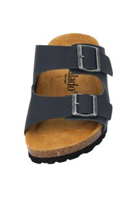 Black two-buckle sandal with a cork footbed and textured brown insole, featuring gray metal buckles and a black rubber sole.