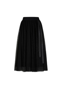 Jupe en tulle noire avec un design froncé, dotée d'une large ceinture élastique et de deux accents en ruban noir sur le côté.