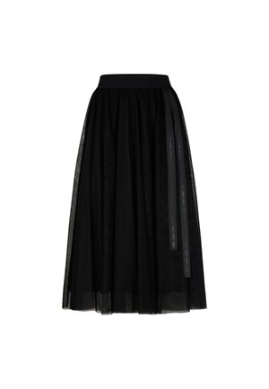 Black tulle skirt with a gathered design, featuring a wide elastic waistband and two black ribbon accents down the side.