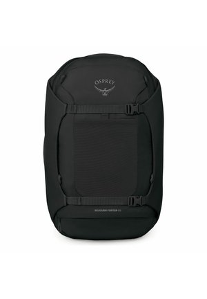 Zaino da viaggio nero Osprey Sojourn Porter 65 con cinghie di compressione e tasca frontale.