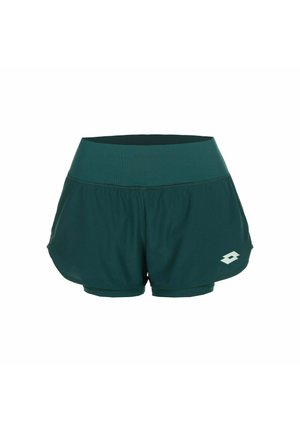 Donkergroene sportshorts met ingebouwde voering en brede tailleband, met een klein wit logo aan de linkerkant.