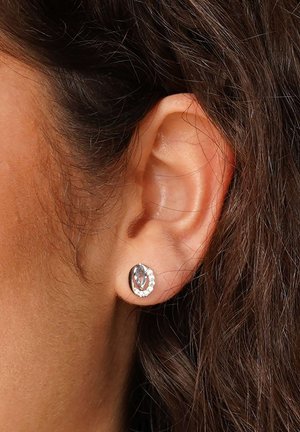 Silberfarbene Steckohrringe mit einem tropfenförmigen Mittelstein, der von einem kreisförmigen Heiligenschein aus kleinen klaren Steinen umgeben ist, getragen zu dunklen Haaren.