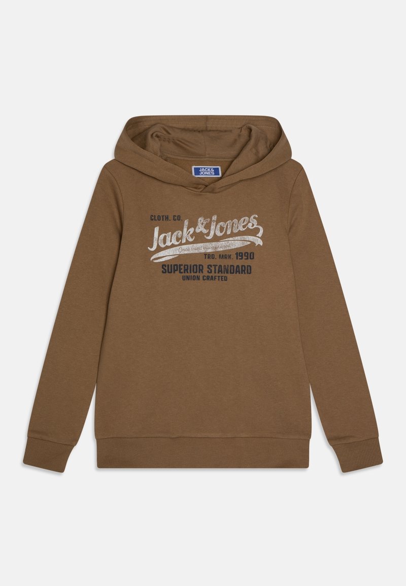 Sweat à capuche marron en tissu doux, avec le texte "Jack & Jones" et "Superior Standard" en couleurs contrastantes sur le devant.