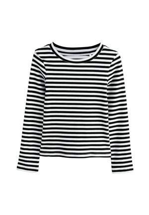 Schwarz-weißer gestreifter Langarmshirt mit rundem Halsausschnitt. Aus Rippmaterial gefertigt, hat einen taillierten Schnitt und kontrastierende Bündchen.