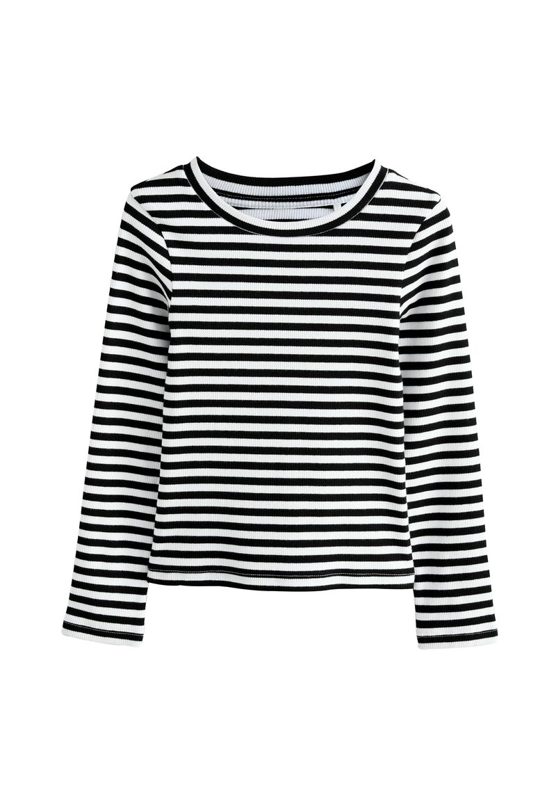 Schwarz-weißer gestreifter Langarmshirt mit rundem Halsausschnitt. Aus Rippmaterial gefertigt, hat einen taillierten Schnitt und kontrastierende Bündchen.