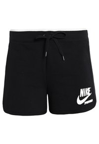 Pantalones cortos deportivos negros hechos de una tela suave, con un logo de Nike blanco y cintura con cordón. Diseño simple sin bolsillos.