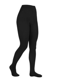 Schwarze blickdichte Strumpfhose an einem Schaufensterbein, die eine vollständige Abdeckung von der Taille bis zu den Füßen mit einem hohen Bund zeigt.