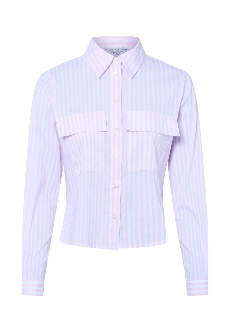 Camicia a maniche corte con colletto a righe violetto e bianche, caratterizzata da due tasche sul petto e chiusura con bottoni bianchi, dal tessuto liscio.