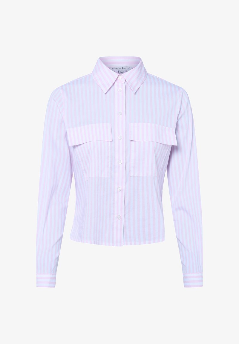 Camicia a maniche corte con colletto a righe violetto e bianche, caratterizzata da due tasche sul petto e chiusura con bottoni bianchi, dal tessuto liscio.