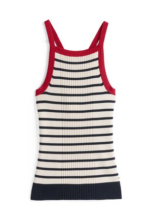 Gestreept ribbel tanktop in crème, marineblauw en rood. Bevat dunne bandjes, een getailleerde pasvorm en een gestructureerde brei met horizontale strepen.