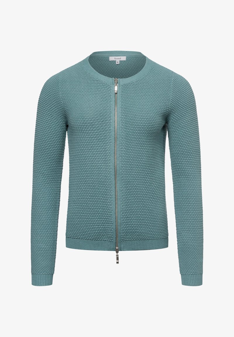 Helle blaue Strickjacke mit Rundhalsausschnitt und langen Ärmeln. Sie verfügt über einen Frontreißverschluss und einen strukturierten Stoff mit gerippten Akzenten.