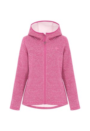 Fleece kapuca jakna v roza barvi z gladko teksturo, sprednjim zadrgo in rahlim meliranim vzorcem. Ima sproščen kroj in zaobljen rob.