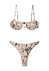 Set bikini a due pezzi con motivo tie-dye in beige, marrone e nero. Spalline regolabili e chiusura con gancetto nella parte superiore; slip con copertura minimale.