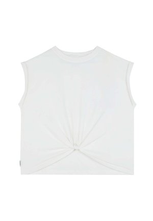 Top bianco senza maniche realizzato in morbido cotone, con scollatura rotonda e dettaglio annodato in vita, caratterizzato da una superficie liscia e uniforme.