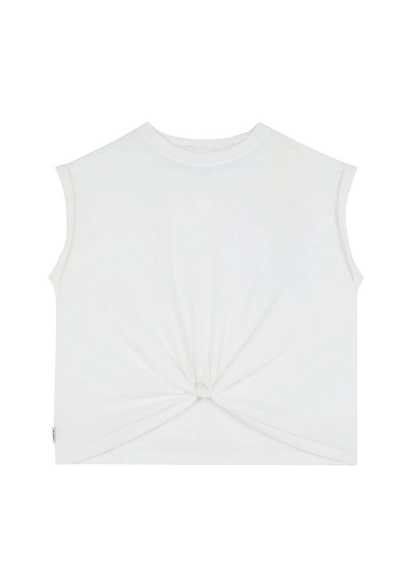 Top bianco senza maniche realizzato in morbido cotone, con scollatura rotonda e dettaglio annodato in vita, caratterizzato da una superficie liscia e uniforme.