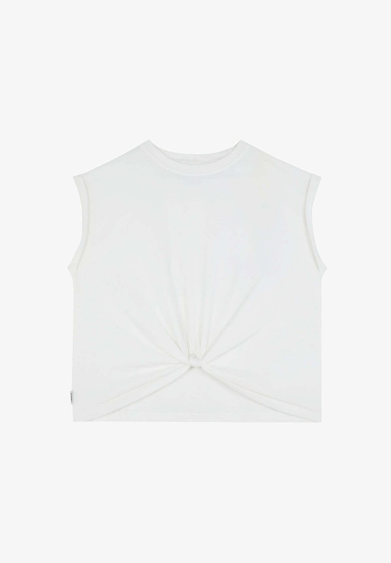 Witte mouwloze top van zacht katoen met een ronde halslijn en een geknoopt detail bij de taille, met een gladde, effen textuur.