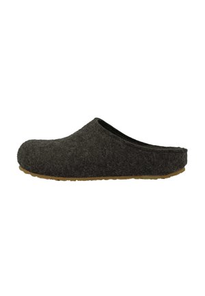 Gray felt slipper with a rounded toe, open back, and a textured upper. Features a light brown rubber sole for durability.