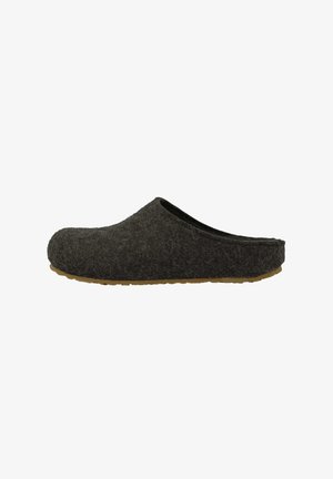 Gray felt slipper with a rounded toe, open back, and a textured upper. Features a light brown rubber sole for durability.