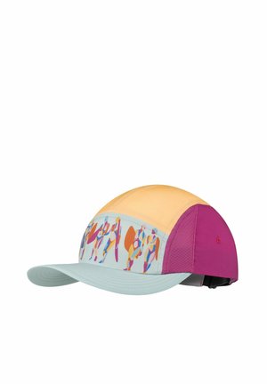 Cap baseball cap with light blue brim, yellow top, purple sides, and multicolored abstract figures on the front panel.