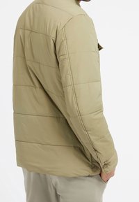 Lyse olivengrøn dunjakke med quiltede paneler, en krave og trykknapdetaljer på manchetterne. Glat, isolerende stof.