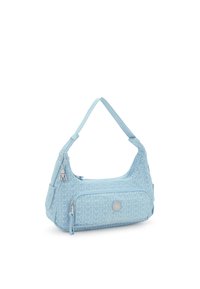 Ljusblå tyghandväska med en slät yta, med en dragkedjeförsedd framficka, logotypemblem och en avtagbar charm.