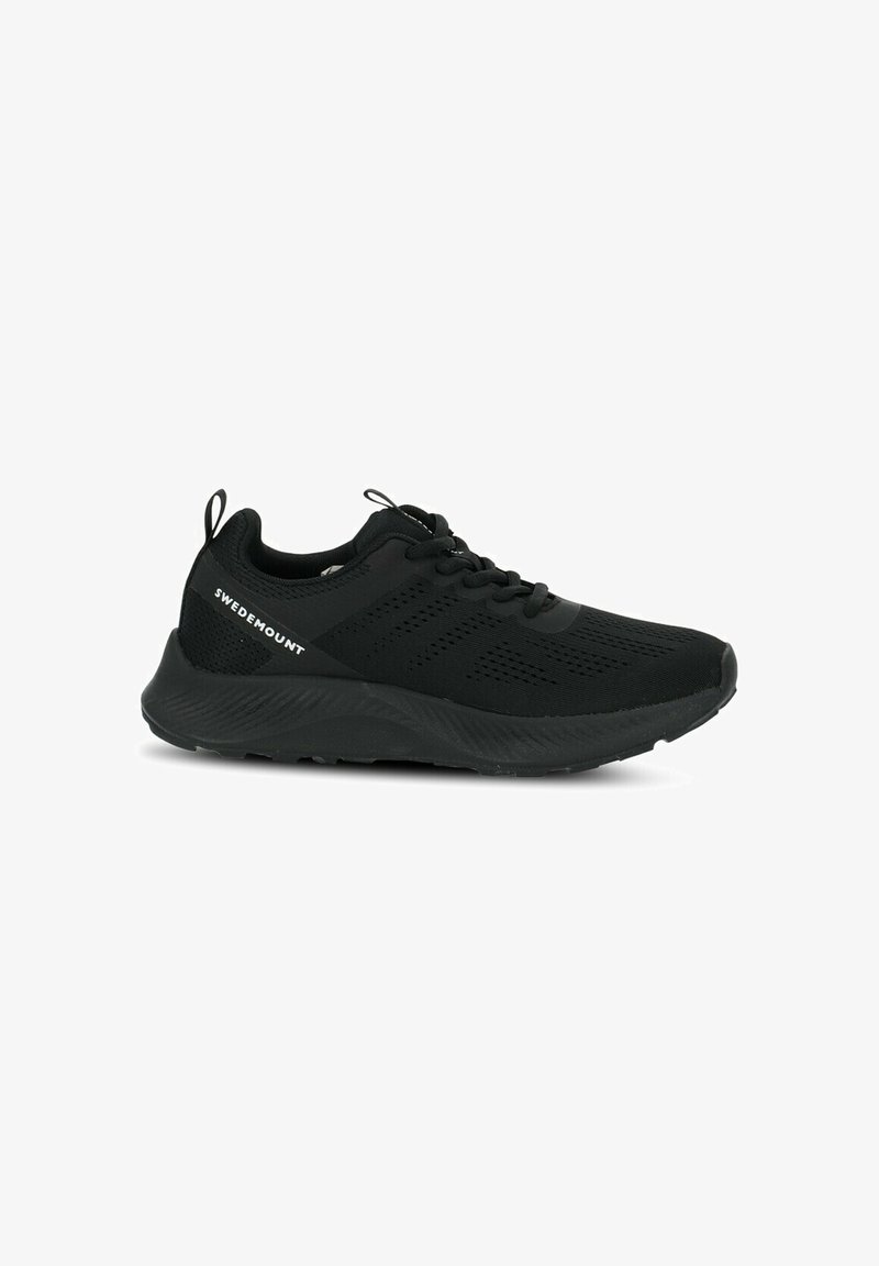 Black athletic shoe with a textured upper, mesh panels, and a cushioned sole. Features laces and a pull tab at the heel for easy wear.
