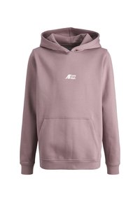 Hoodie violet clair avec une poche avant et un petit logo blanc sur la poitrine, présentant un design classique à enfiler et une capuche ajustable.