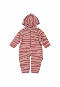 Rosa och beige randig jumpsuit med huva, med en främre dragkedja och långa ärmar. Mjuk tyg med en texturerad yta.