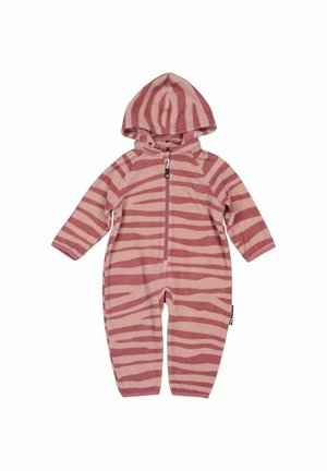 Vaaleanpunainen ja beige raidallinen haalarimallinen asu, jossa on huppu, etuvetoketju ja pitkät hihat. Pehmeä kangas, jossa on teksturoitu pinta.