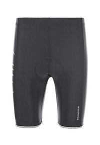 Shorts de cyclisme noirs en matériau extensible, dotés d'une zone de siège rembourrée, d'accents réfléchissants et de coutures à plat pour réduire les frottements.