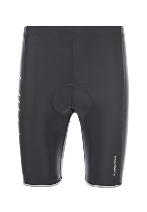 Schwarze Radsportshorts aus dehnbarem Material, mit gepolstertem Sitzbereich, reflektierenden Akzenten und Flachnähten zur Reduzierung von Scheuern.