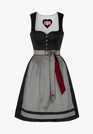Zwart en grijs jurk met een nauwsluitend lijfje, witte voering en knopen. Het heeft een grijze rok met een bordeauxrode sjerp en een decoratieve rode esdoornblad.