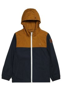 Giacca con cappuccio, con la parte superiore di colore beige e la parte inferiore di colore blu navy, dotata di una cerniera bianca e di una piccola patch/logo sulla spalla sinistra.