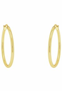 Orecchini a cerchio in tono oro, design circolare, superficie liscia, spessore medio, con chiusura a scatto. Aspetto semplice ed elegante.