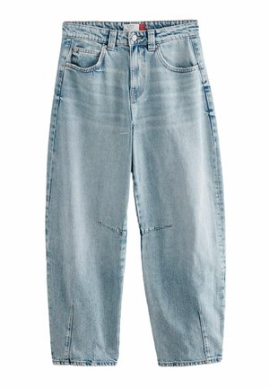 Gai zili džinsi ar augsto jostasvietu, brīvu piegriezumu, divām priekšējām kabatām, vieglu nolietojumu un sānu izgriezumiem apakšmalā.