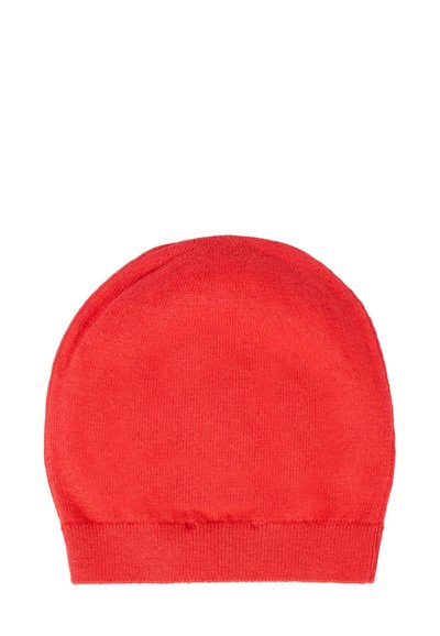 Rood gebreide beanie muts, zachte textuur, ronde vorm, met een snug fit. Eenvoudig ontwerp zonder extra patronen of hardware-details.