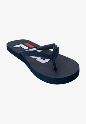 Chanclas azul marino con suela de goma texturizada, presentando un logo blanco en contraste y un acento rojo. Tiras delgadas y flexibles para el soporte del pie.