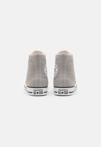 Gray canvas high-top sneakers with white rubber soles, featuring the "Converse All Star" logo on the side and black accents on the sole.
