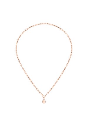 Rose gold necklace with an alternating chain link design. Features a small pear-shaped pendant at the center. Smooth texture, minimalist style.