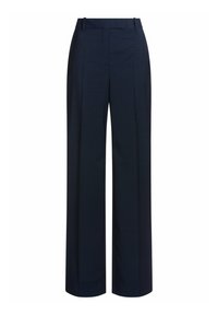 Pantaloni a gamba larga in tessuto blu navy scuro, caratterizzati da un fit sartoriale, fronte piatto e pieghe, con passanti per la cintura e una texture liscia.