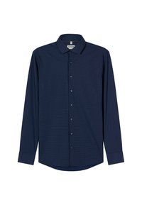 Navy blue long-sleeve shirt with a small geometric pattern, button closure, and a spread collar. Made from smooth, lightweight fabric.