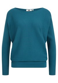 Pull côtelé bleu sarcelle à manches longues avec encolure bateau et taille ajustée, fabriqué en tissu tricoté texturé.