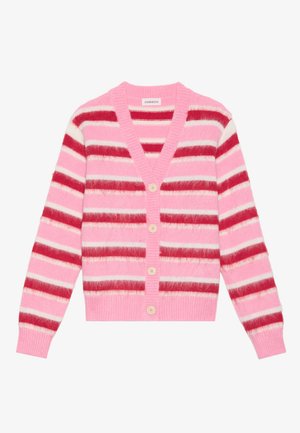 Rosa stripete cardigan med brede horisontale striper i rød, hvit og rosa. Har V-hals, fem lyseknapper og ribbestrikkede ermer.
