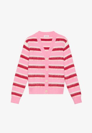 Rosa gestreifter Cardigan mit breiten horizontalen Streifen in Rot, Weiß und Pink. Verfügt über einen V-Ausschnitt, fünf hellfarbige Knöpfe und gerippte Bündchen.