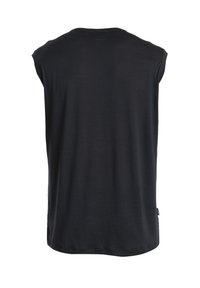 Svart ärmlös t-shirt med rundad hals, mjukt material och lös passform, med en liten etikett på nedre vänstra sidan.