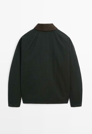 Dark green jacket featuring a brown collar, long sleeves, and a relaxed fit. Material appears smooth with minimal stitching details.