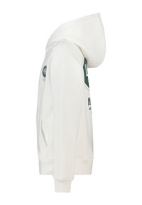 Witte hoodie met capuchon, voorzak en groene grafische tekst op de borst, zijaanzicht.